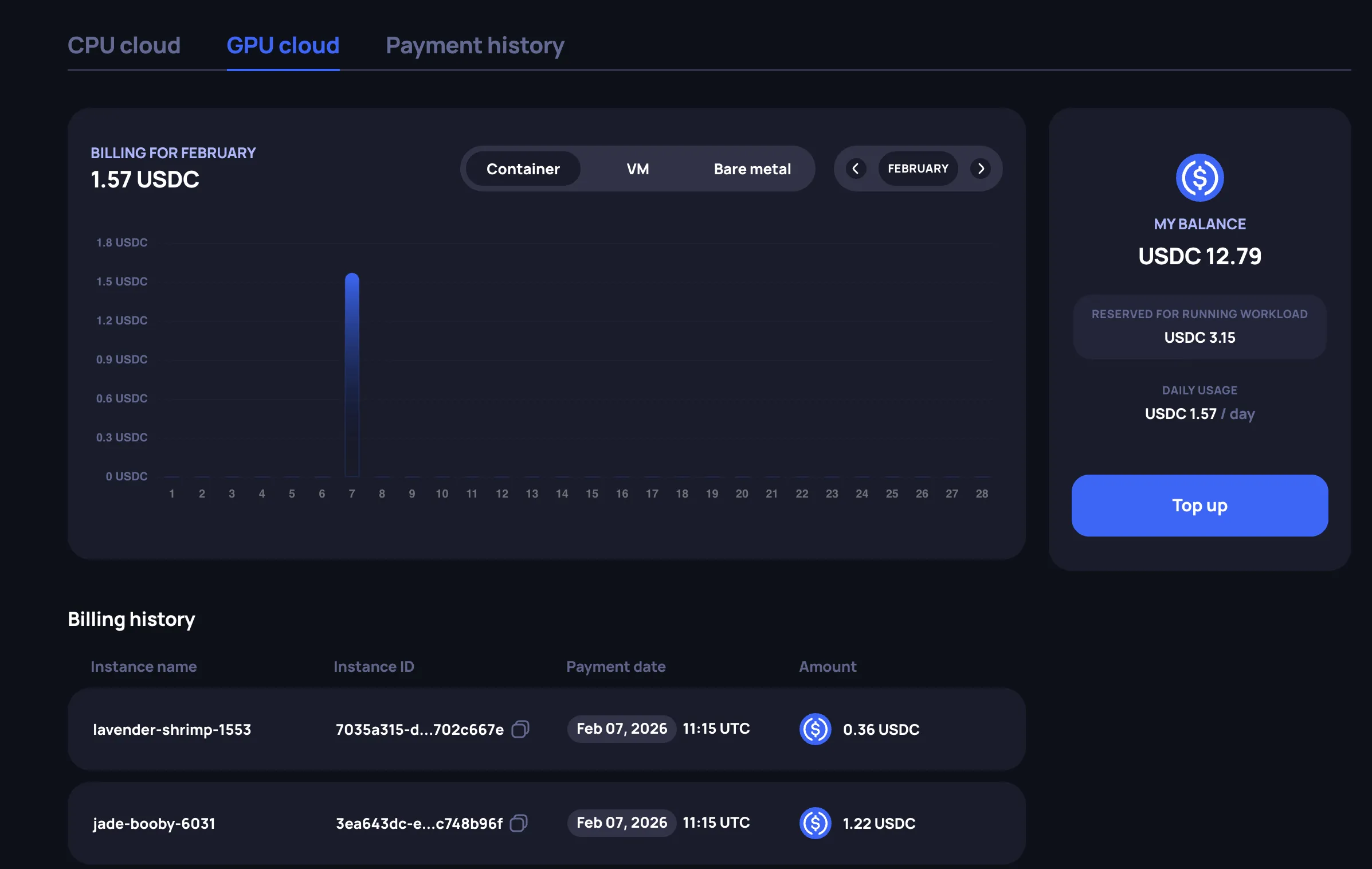 Billing page