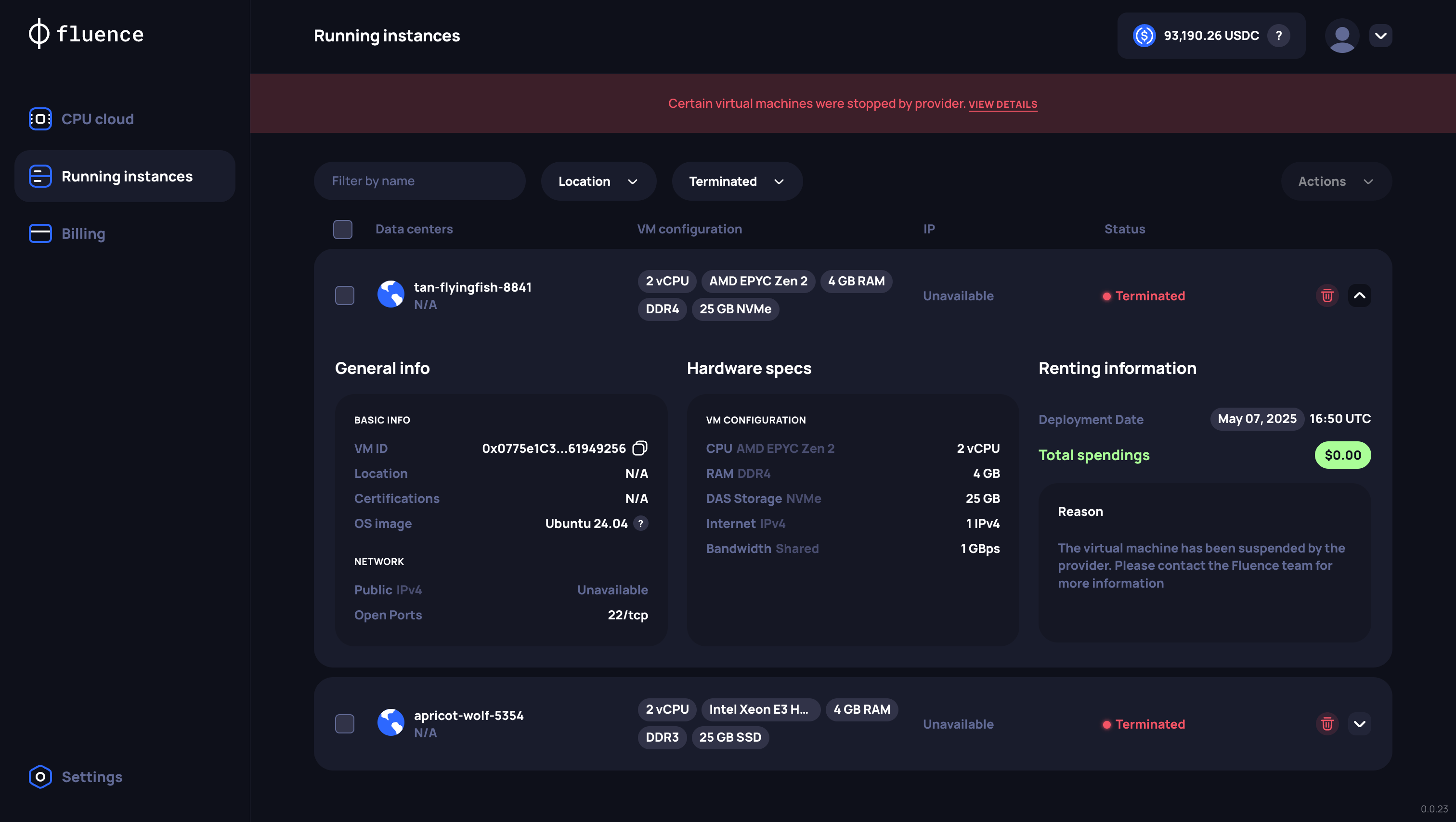 Running Instances page with a status filter